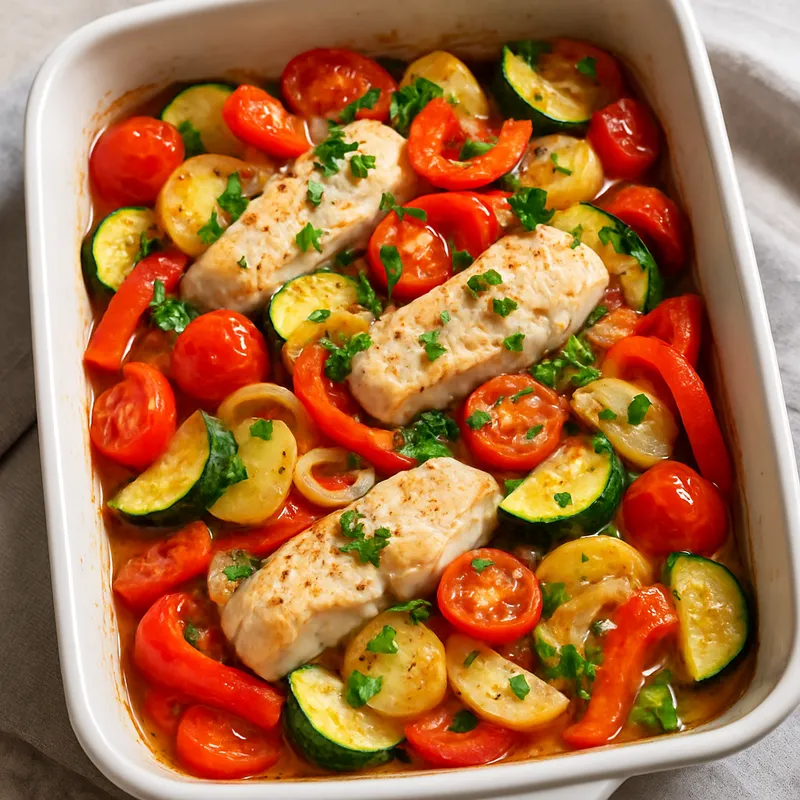 Ägäischer Insel-Fischauflauf (Gebackener Fisch mit Gemüse)