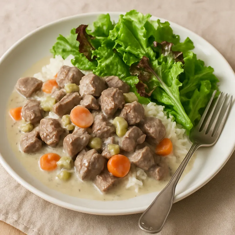 Arni Fricassee (Lamm-Frikassee mit Salat)