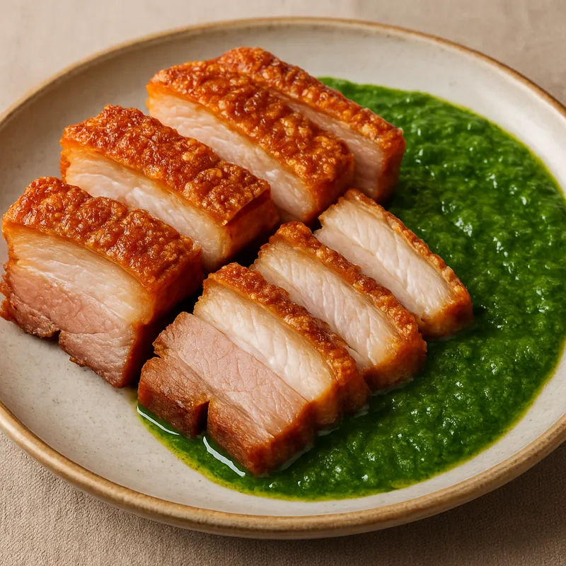 Bagnet Verd (Knuspriger Schweinebauch mit grüner Sauce)