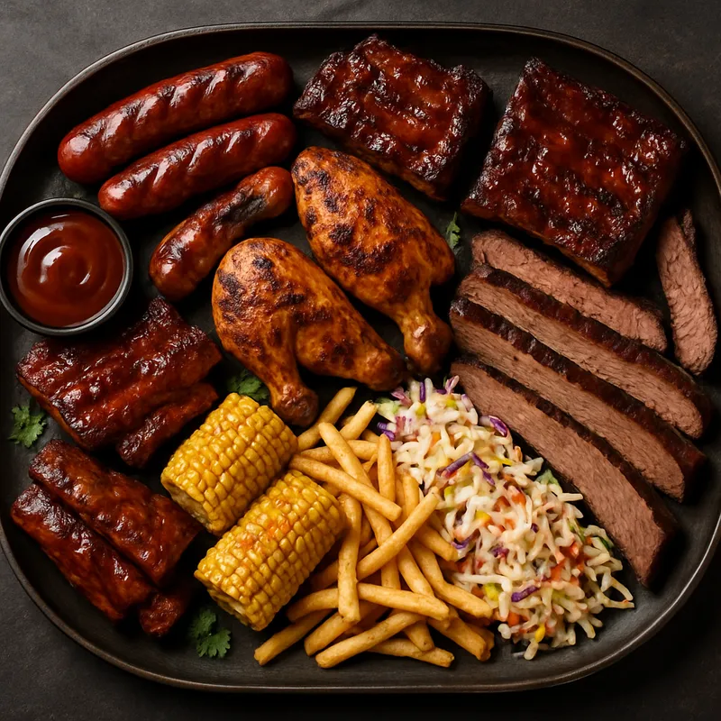 BBQ-Fleischplatte mit verschiedenen Grillspezialitäten
