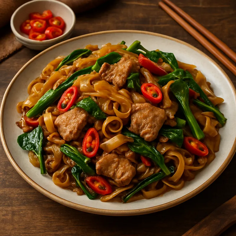 Betrunkene Nudeln mit Schweinefleisch (Kuay Teow Pad Kee Mao)