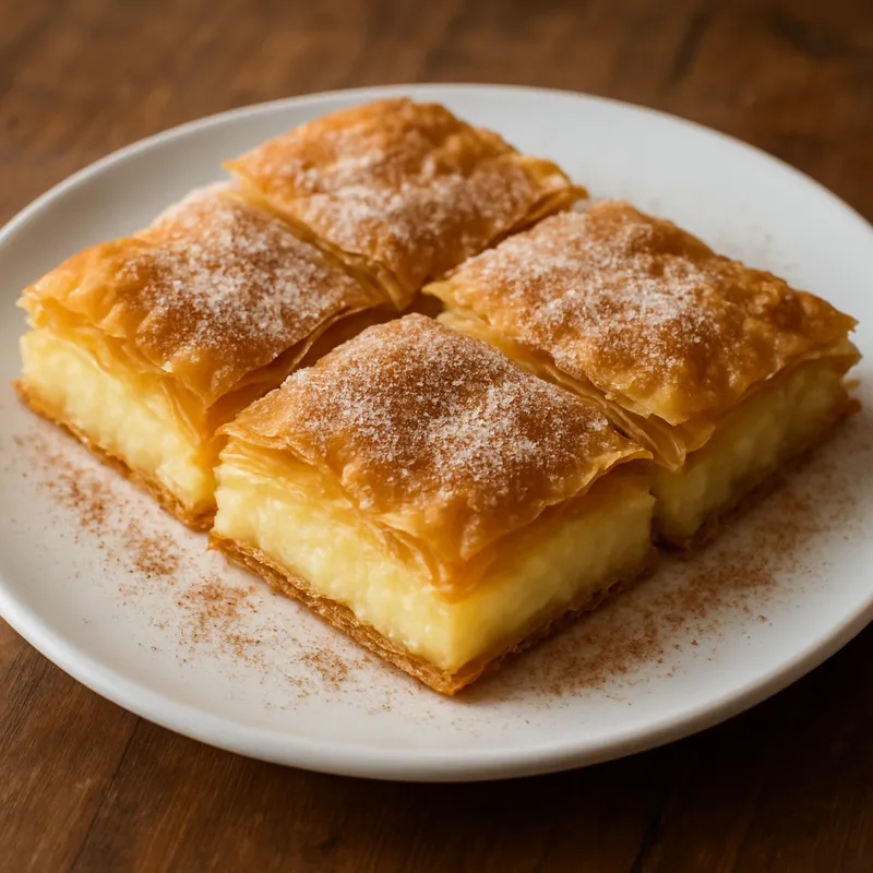 Bougatsa aus Thessaloniki (Griechisches Grießpudding-Gebäck)