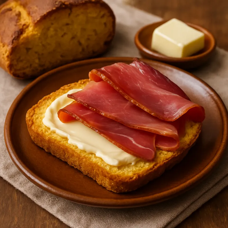 Broa mit Butter und Presunto (Portugiesisches Maisbrot mit Butter und geräuchertem Schinken)