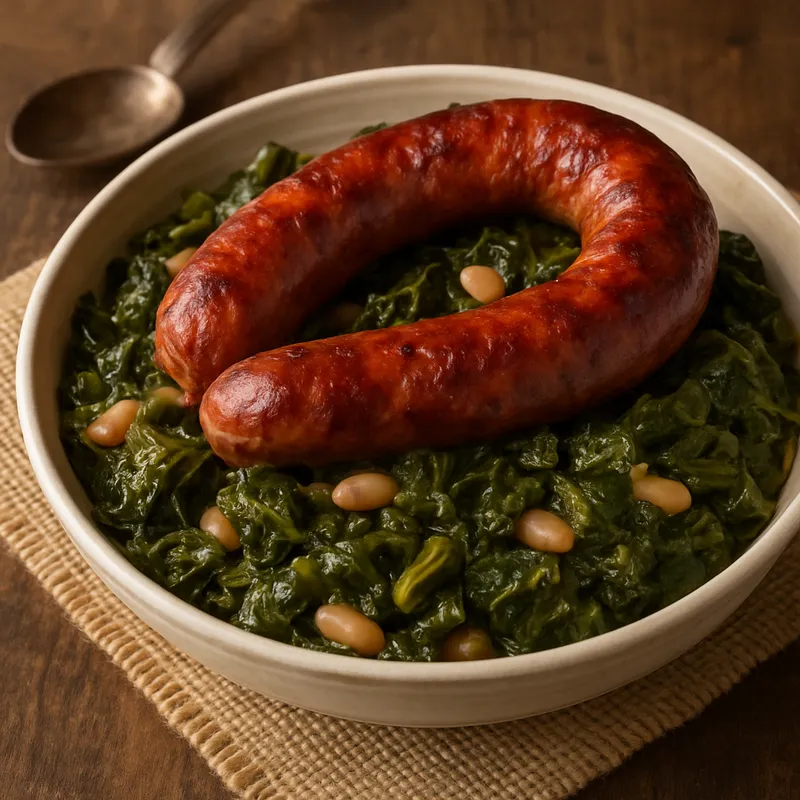 Butelo mit Casulas (Geräucherte Schweinswurst mit Kohleintopf)