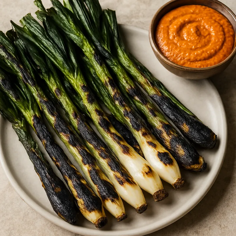 Calçots con Romesco (Katalanische gegrillte Frühlingszwiebeln mit Romesco-Sauce)