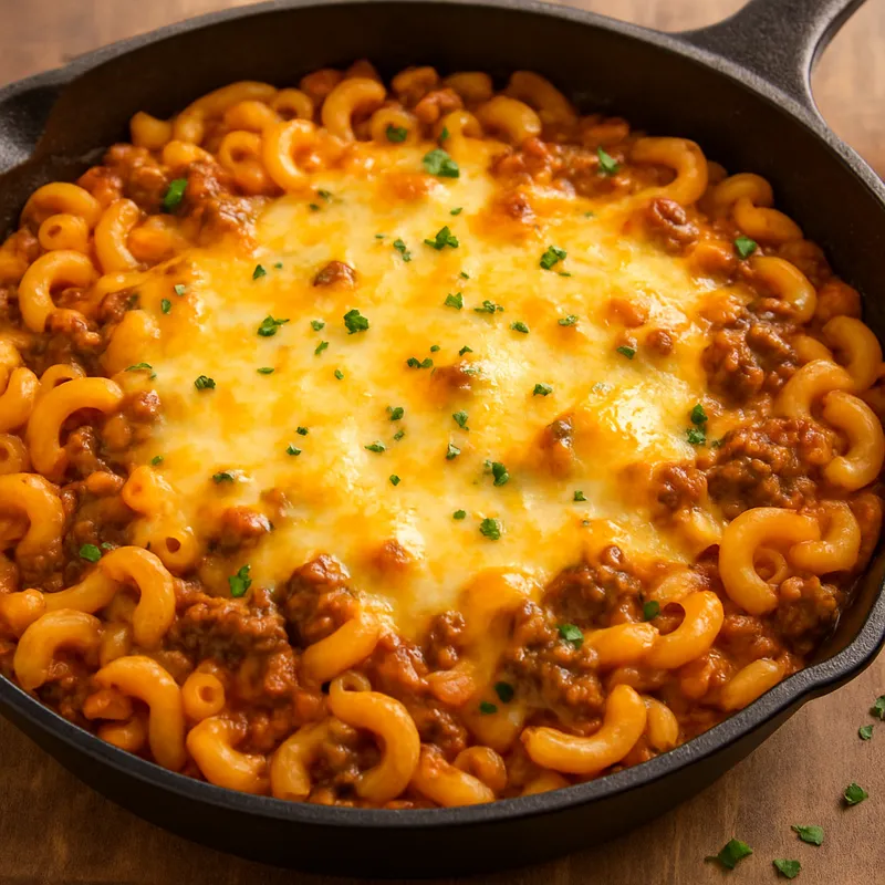Cheeseburger-Nudelauflauf aus der Pfanne