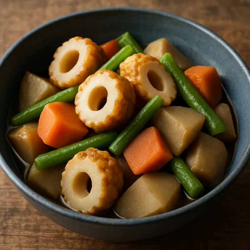 Chikuwa und Gemüse Nimono (Gedünsteter Fischkuchen mit Gemüse)