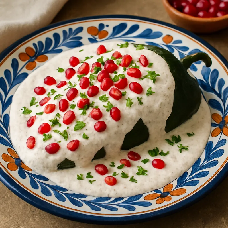 Chiles en Nogada aus Puebla (Gefüllte Poblano-Paprika mit Walnusssauce)