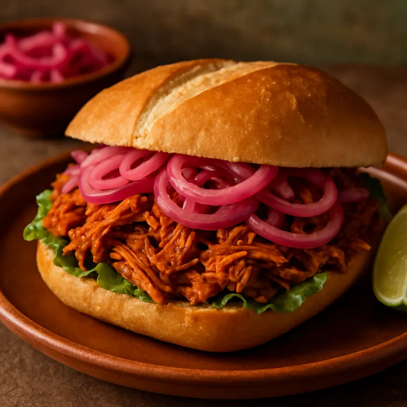 Cochinita Pibil Torta (Yukatekanisches Sandwich mit langsam gegartem Schweinefleisch)