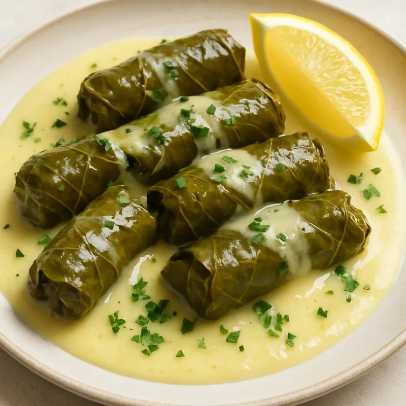 Dolmades Avgolemono (Weinblätter mit Ei-Zitronen-Sauce)