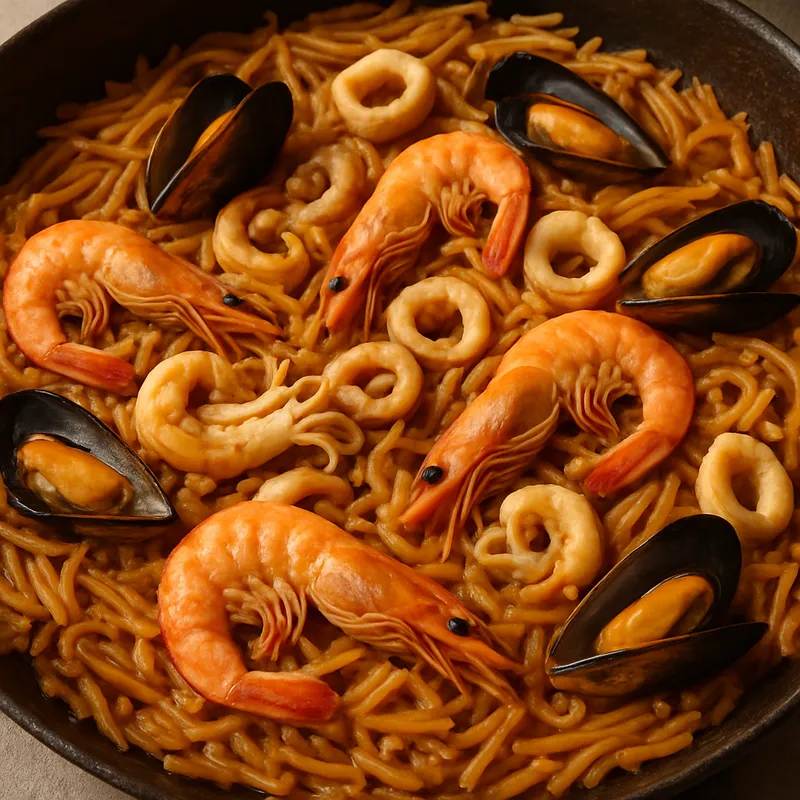 Fideua Valenciana (Valencianische Meeresfrüchte-Nudel-Paella)