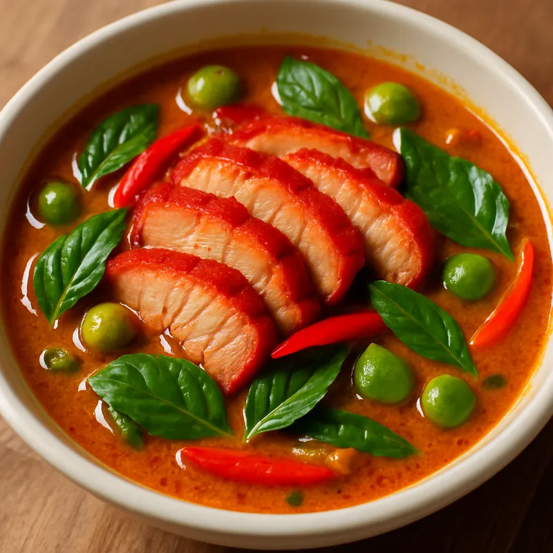 Gaeng Phed Moo Daeng (Rotes Curry mit rotem Schweinefleisch)