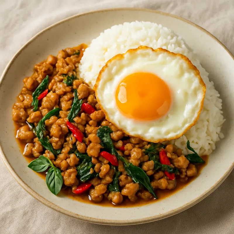 Gai Pad Krapao Kai Dao (Basilikum-Hähnchen mit Spiegelei)