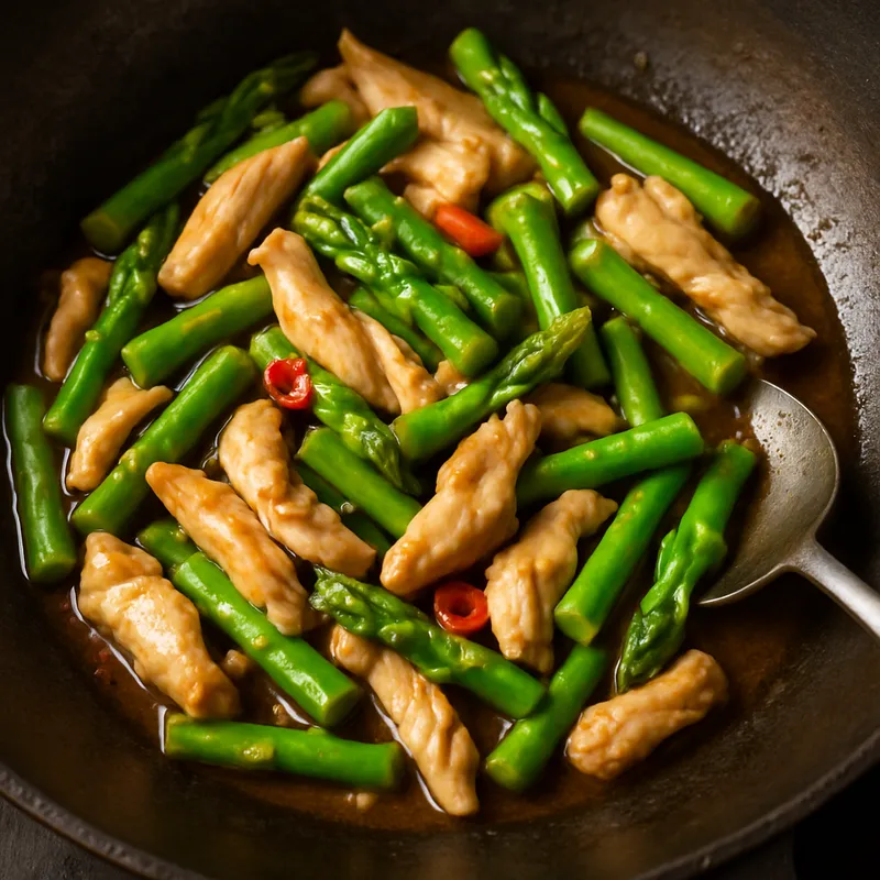 Gai Pad Nor Mai Farang (Hähnchen mit Spargel im Wok)