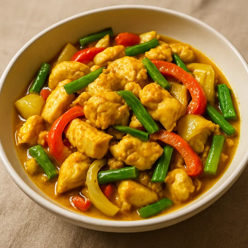Gai Pad Pong Kari (Hähnchen-Wokgericht mit gelbem Currypulver)
