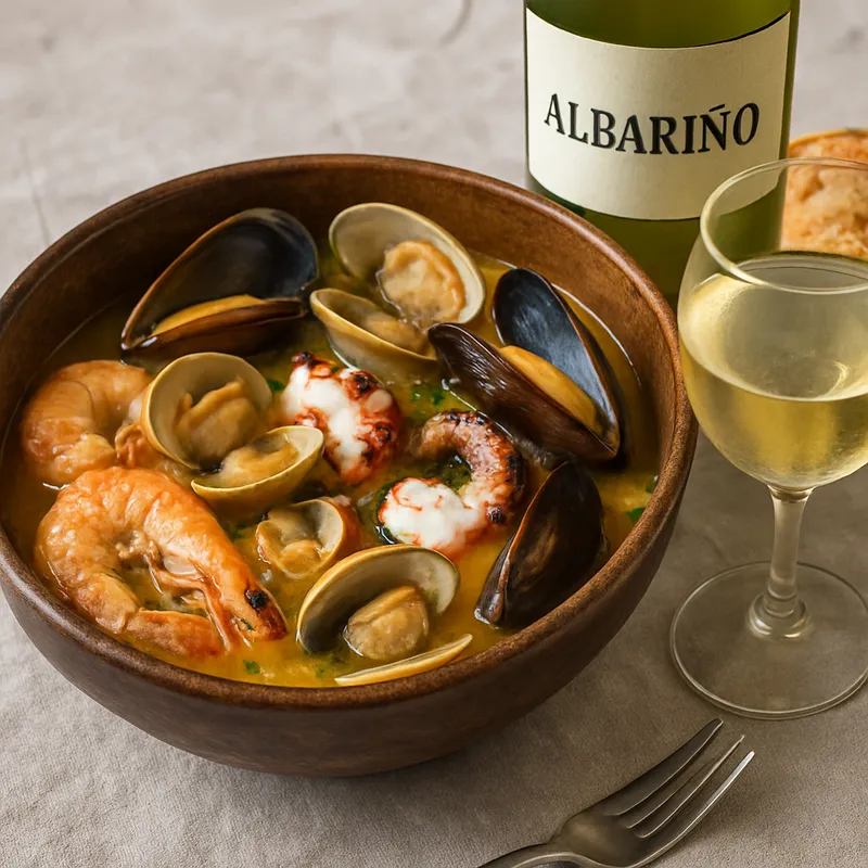 Galizisches Meeresfrüchte-Gericht mit Albariño
