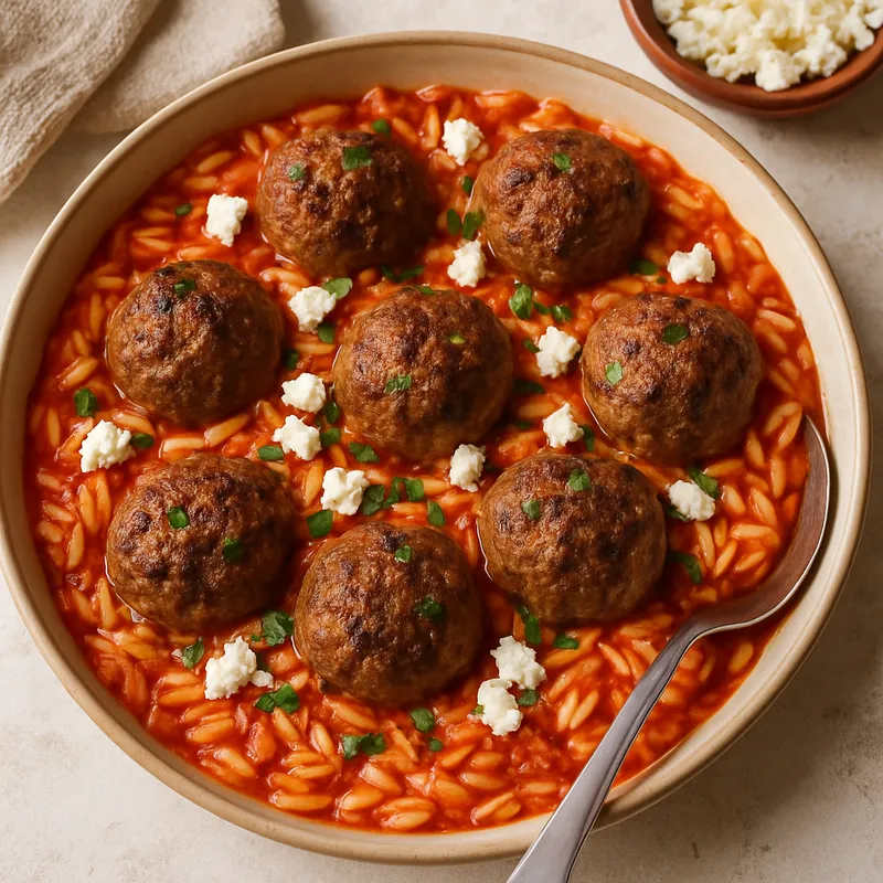 Gebackene Lammhackbällchen mit Orzo