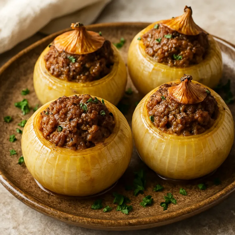 Gebackene mit Fleisch gefüllte Zwiebeln