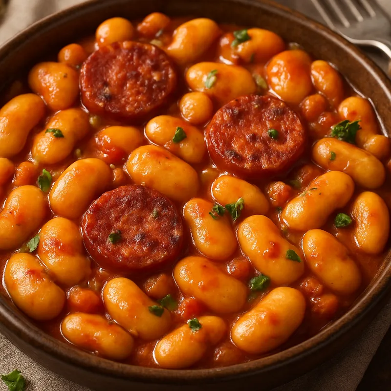 Gebackene Riesenbohnen mit Wurst