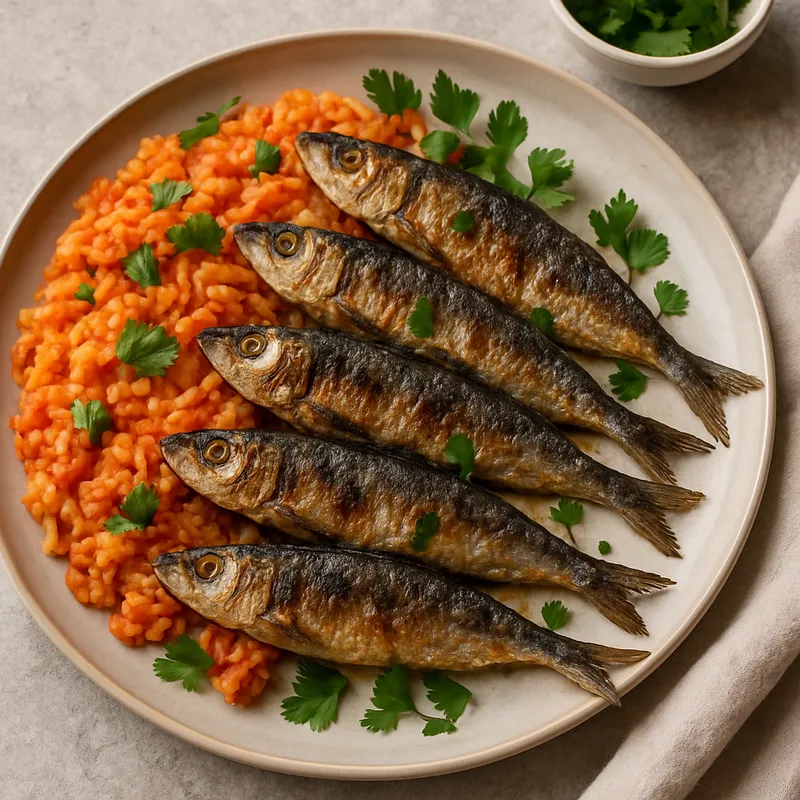 Gebratene Sardinen mit Tomatenreis