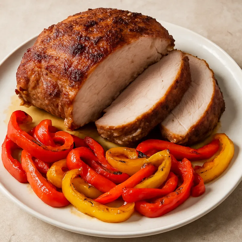 Gebratene Schweineschulter mit gerösteten Paprika