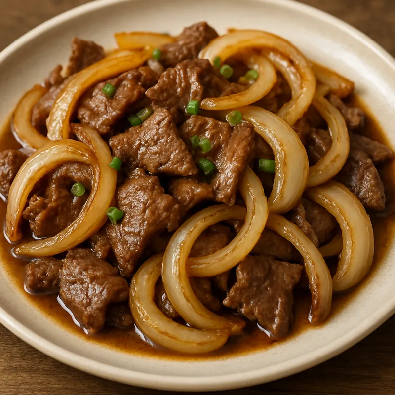 Gebratenes Rindfleisch mit Zwiebeln