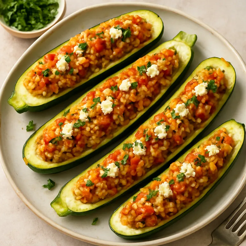 Gefüllte Zucchiniboote mit Reis