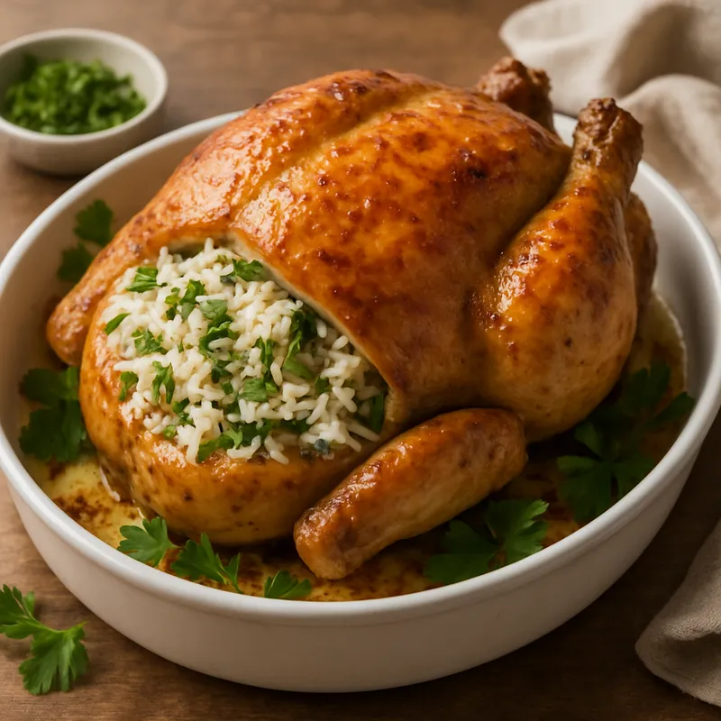 Gefülltes Brathähnchen mit Reis und Kräutern