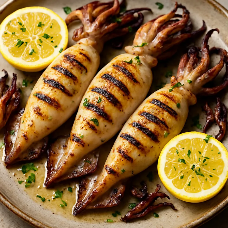Gegrillte ganze Calamari mit Zitrone