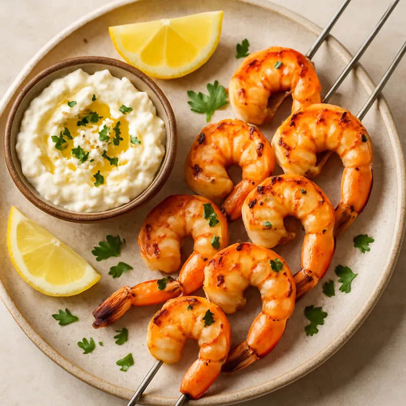 Gegrillte Garnelen mit Feta-Dip
