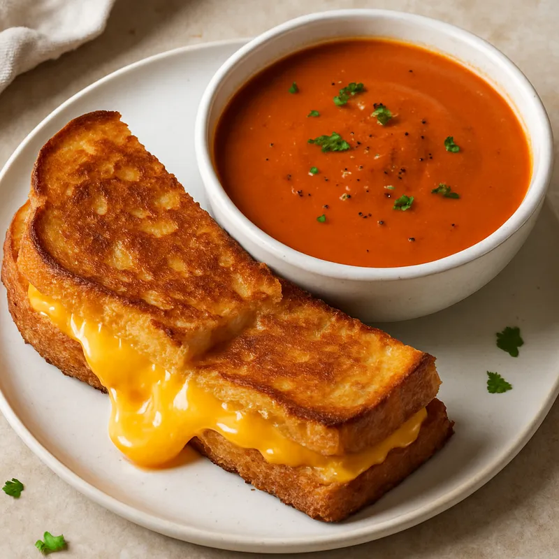 Gegrilltes Käsebrot mit Tomatensuppe