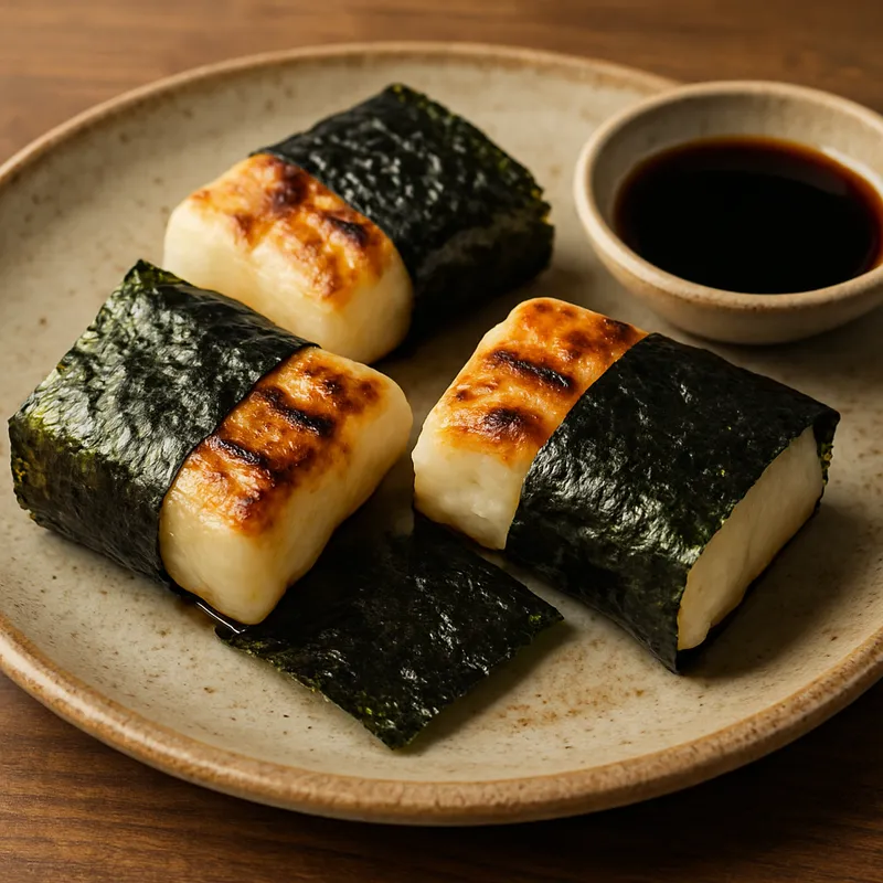 Gegrilltes Mochi mit Sojasoße und Nori
