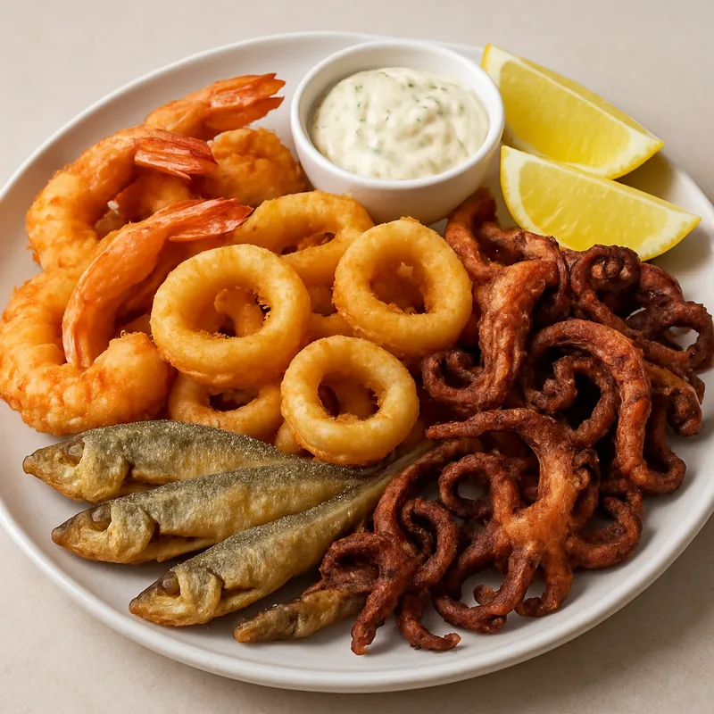 Gemischte Meeresfrüchte-Platte aus der Fritteuse