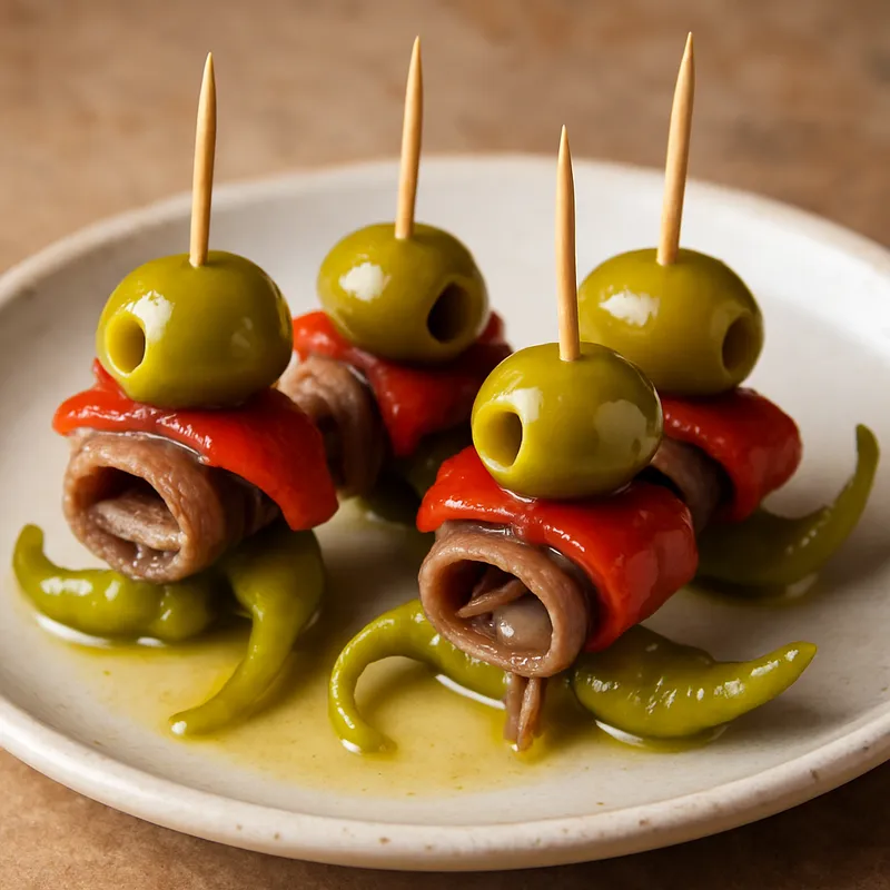 Gildas (Sardellen-Oliven-Paprika-Spieß)