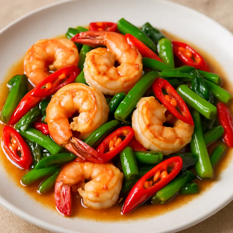 Goong Pad Prik Sod (Garnelen mit frischen Chilis)