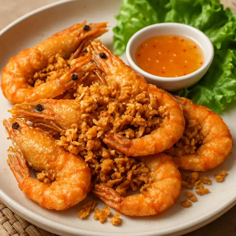 Goong Tod Kratiam (Frittierte Knoblauchgarnelen)