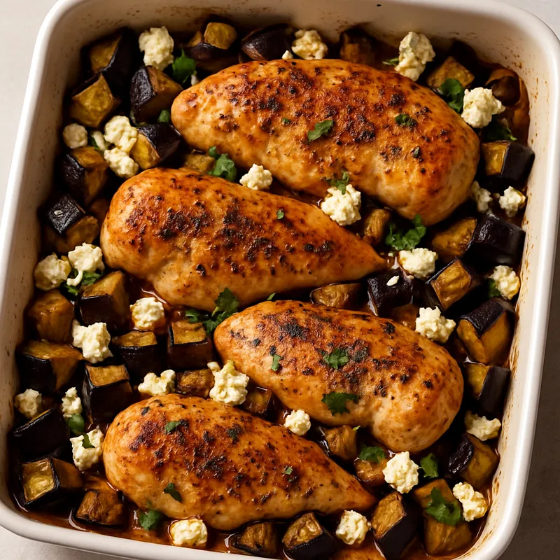 Hähnchen mit Aubergine und Feta aus dem Ofen