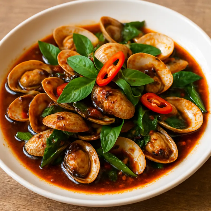 Hoi Lai Pad Nam Prik Pao (Venusmuscheln mit gerösteter Chilipaste gebraten)