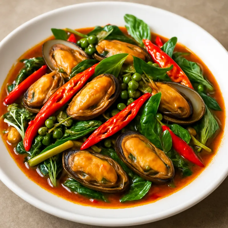 Hoi Shell Pad Cha Muscheln – Scharfes Kräuter-Wok-Gericht (Würzige Muscheln mit Kräutern)