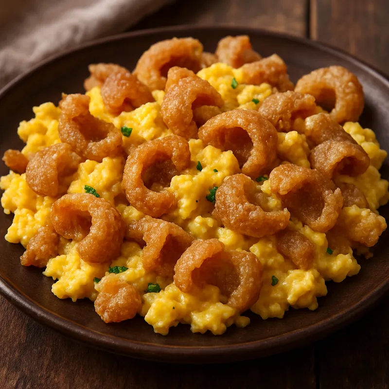 Huevos Con Chicharron (Rührei mit Schweineschwarte)