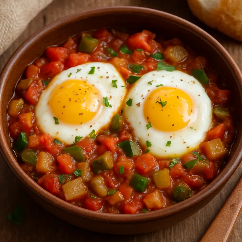 Huevos Escalfados Con Pisto (Pochierte Eier mit spanischem Gemüseragout)
