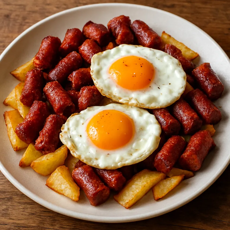 Huevos Rotos mit Chistorra (Gebrochene Eier mit würziger Wurst)