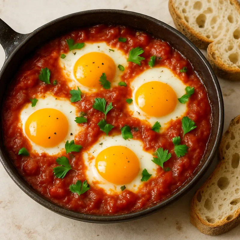 Im Ofen gebackene Eier in Tomatensauce