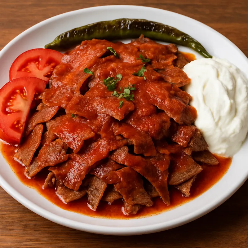 Iskender Kebab mit Tomatensauce und Joghurt