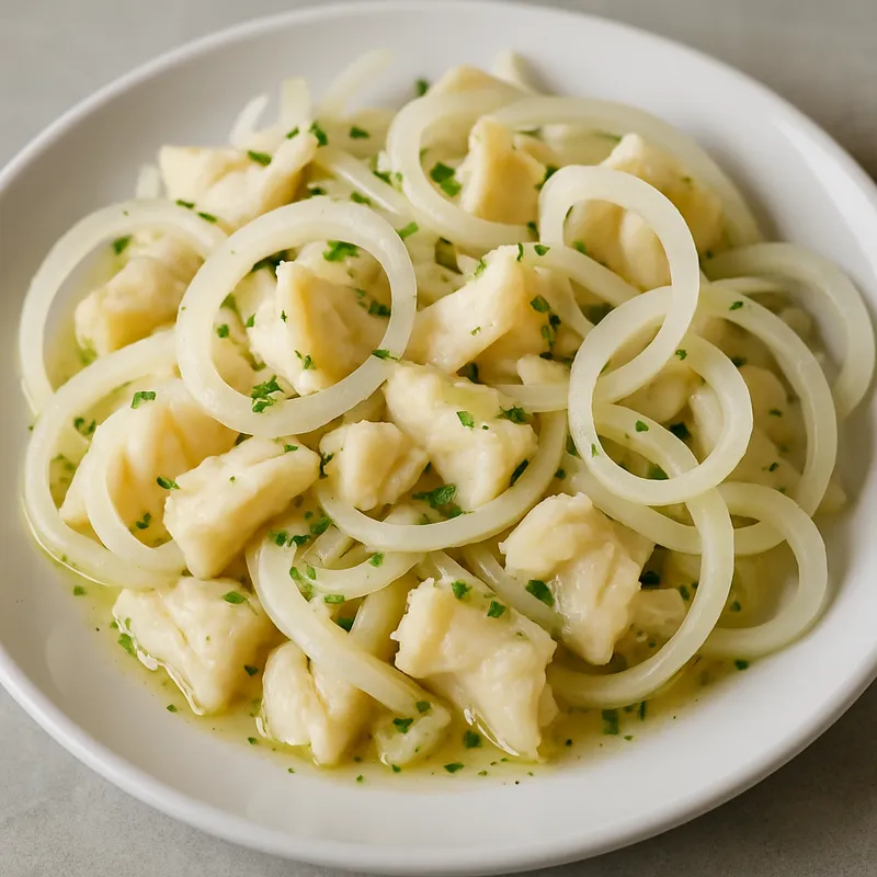 Kabeljausalat mit Zwiebeln