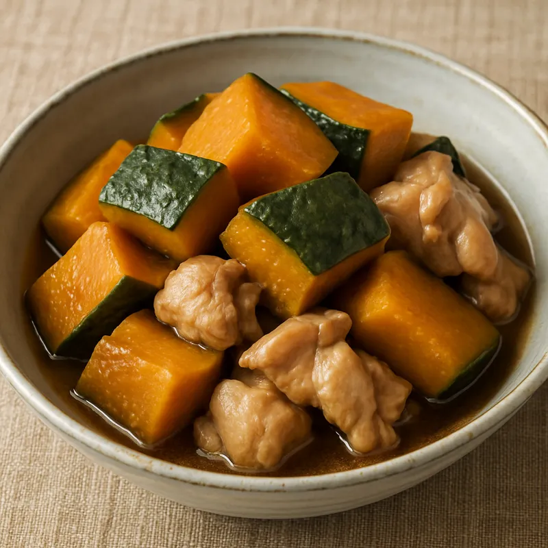 Kabocha und Hähnchen Nimono (Geschmorter Kabocha-Kürbis mit Hähnchen)
