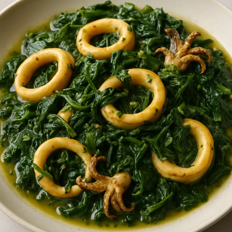 Kalamari me Spanaki (Tintenfisch mit Spinat)
