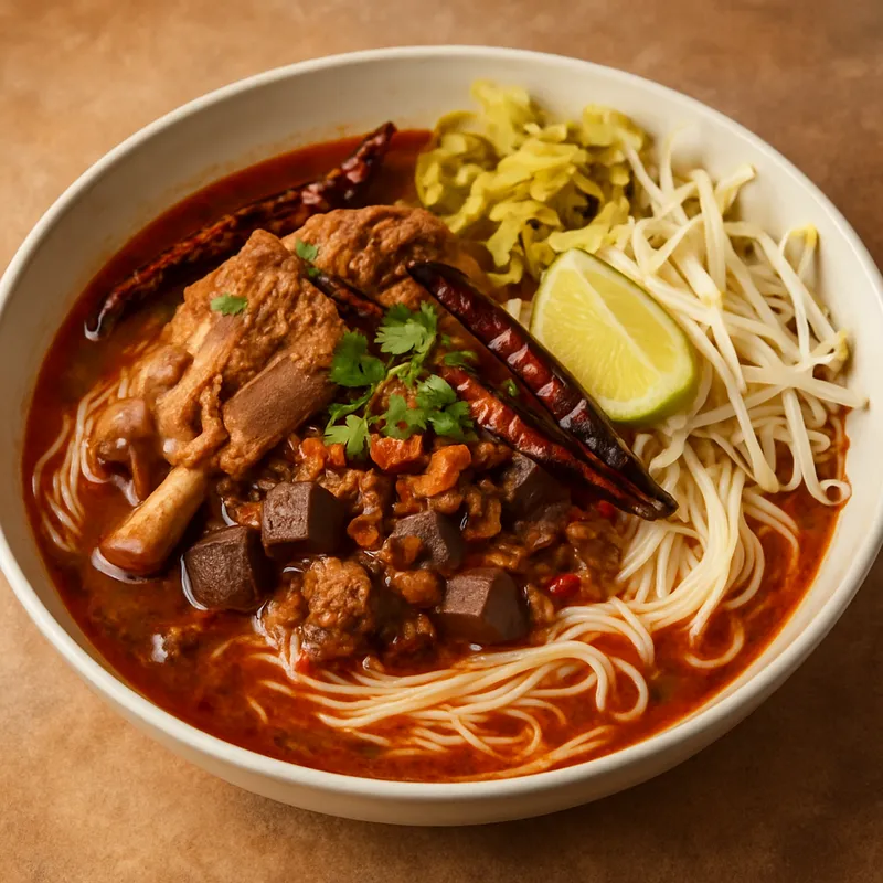 Kanom Jeen Nam Ngeow (Nordthailändische Suppe mit fermentierten Reisnudeln)