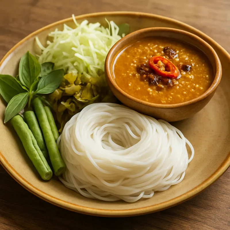 Kanom Jeen Nam Phrik (Reisnudeln mit Chilisauce)