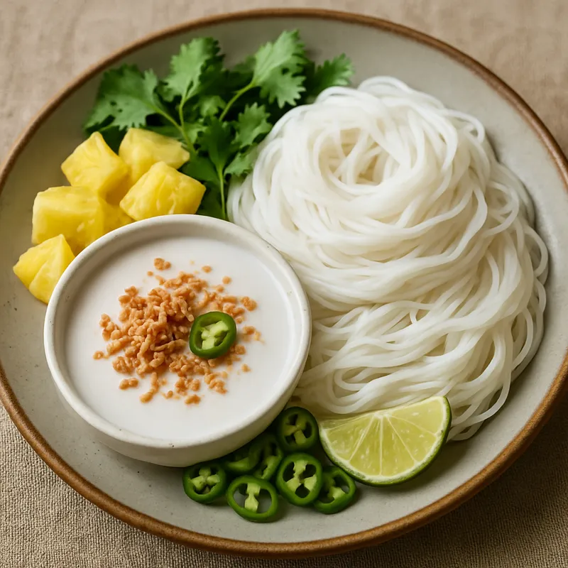 Kanom Jeen Sao Nam Reisnudeln mit Kokosnusssauce